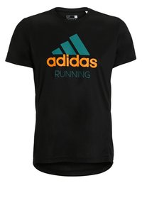 Black athletic t-shirt with short sleeves, featuring a teal and orange Adidas logo and the word "RUNNING" in a matching blue.