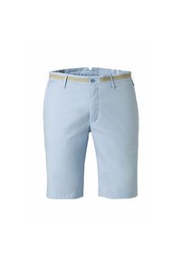 Helle blaue Baumwollshorts mit glatter Textur, ausgestattet mit einem gewebten beigen Bund, Knopfverschluss und klassischem Fünf-Taschen-Design.