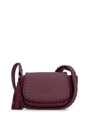 Small burgundy leather crossbody bag with braided trim, flap closure, tassel detail, and adjustable strap on white background.