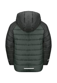 Piumino con cappuccio; parte superiore grigio scuro e parte inferiore verde; design trapuntato; dettagli riflettenti sulle maniche e sulla schiena.