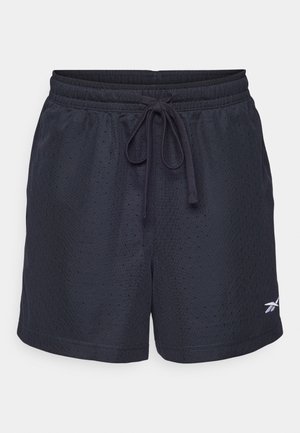 Navy mesh athletic shorts with an elastic waistband and adjustable drawstring. Features small perforations and a white logo on the left leg.