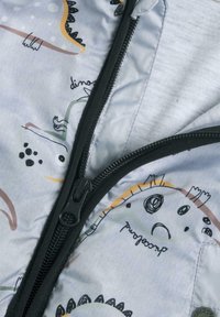 Vadderad jacka med en ljusgrå utsida som har färgglada dinosauriemönster. Svart dragkedja och foder förstärker den lekfulla designen.