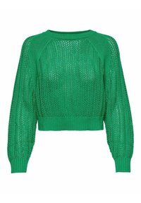 Zielony sweter z dzianiny o luźnym splotem, z prążkowanymi mankietami i dół, skróconej długości oraz rękawami raglanowymi, z teksturowanym wzorem na całej powierzchni.