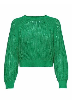 Groene gebreide trui met een losse structuur, geribbelde manchet en zoom, cropped lengte en raglanmouwen, met een gemêleerd patroon overal.