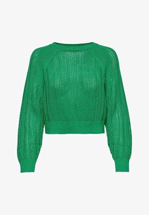 Pull en tricot vert avec un tissage lâche, des poignets et un ourlet côtelés, une longueur cropped, et des manches raglan, présentant un motif texturé sur l'ensemble.