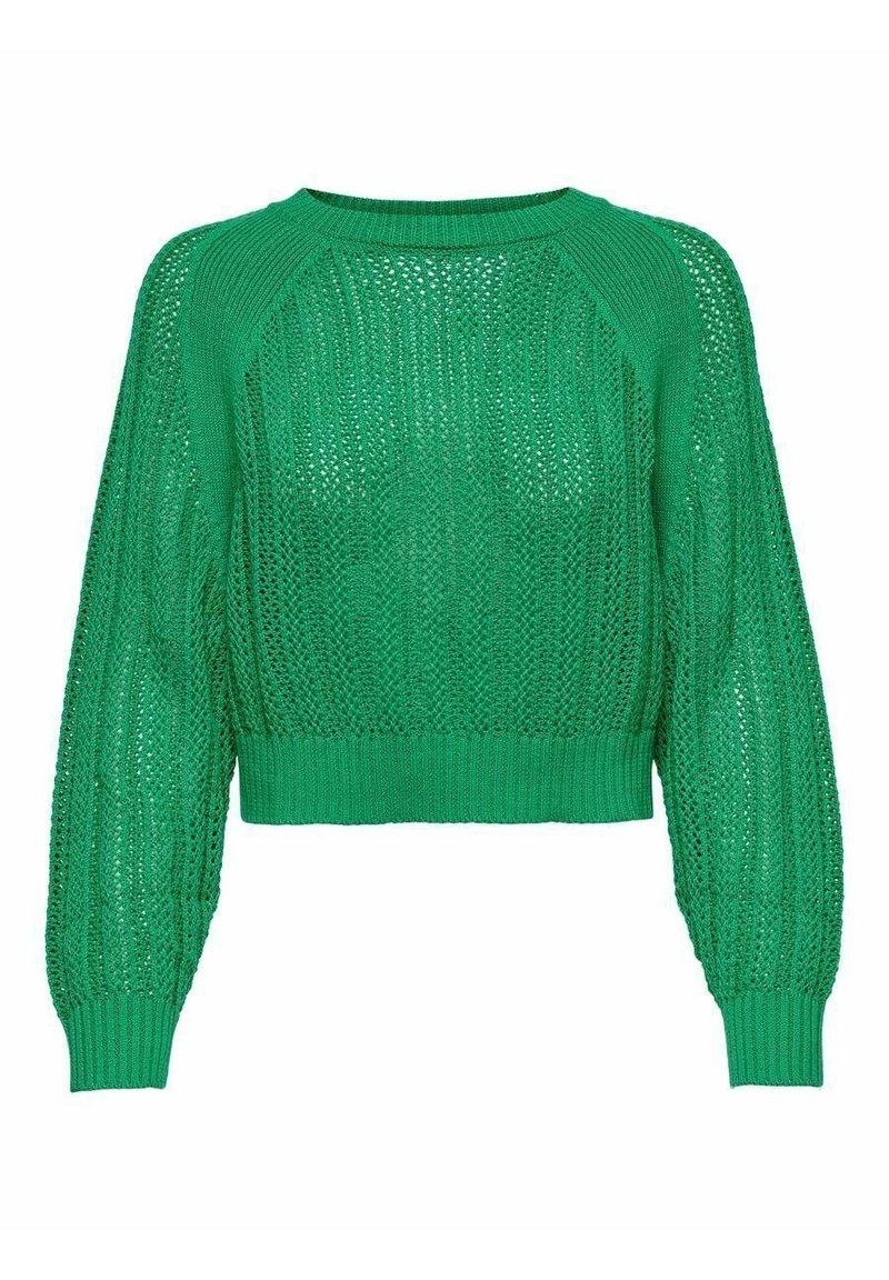 Zielony sweter z dzianiny o luźnym splotem, z prążkowanymi mankietami i dół, skróconej długości oraz rękawami raglanowymi, z teksturowanym wzorem na całej powierzchni.