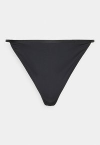 Parte de baixo de biquíni preta com formato triangular, tecido liso e faixa fina. Apresenta costura mínima e um design sem emenda.