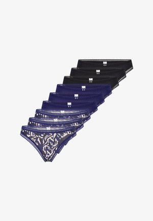 Set di nove paia di slip da donna in vari colori: nero, blu scuro e un'opzione fantasia. Presentano rifiniture in pizzo e tessuto di cotone.