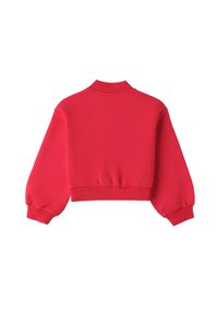 Sudadera roja recortada con cuello alto, puños elásticos y cinturilla; fabricada en una tela suave, con una textura lisa y sin patrones.