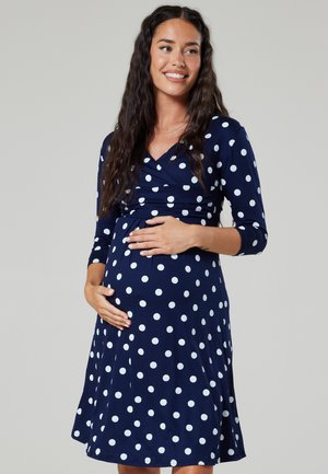 3/4 SLEEVE V-NECK  - Jersey dress - navy with large dots