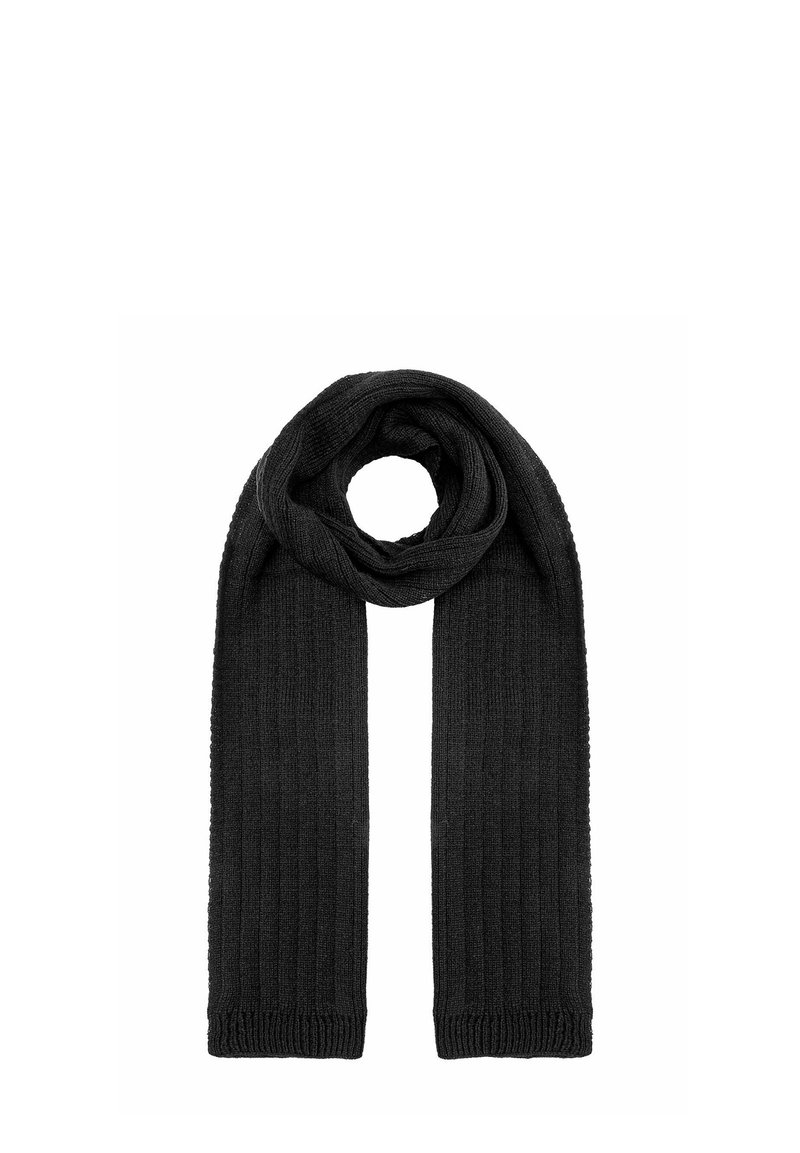Czarny, prążkowany szalik pleciony w pętlę, z dwoma długimi końcami zwisającymi prosto na tle białym.