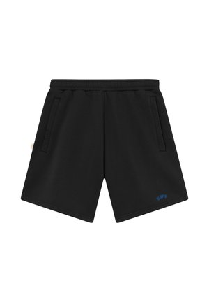 Pantalones cortos casuales negros con cinturilla elástica, bolsillos laterales y pequeño logo azul en la parte inferior de la pierna izquierda.