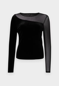 Black long-sleeve top with a soft velvet body and sheer mesh yoke design, featuring a round neckline and fitted shape.