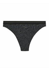 Čierne tangá s vzorom zebra, vyrobené z textúrovanej látky, s matným čiernym pásom a jemným brandingom v predu.