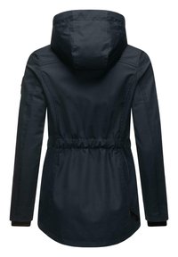 Navy blue waterproof jacket with a hood, elastic waist, long sleeves, and ribbed cuffs. Sleek design with subtle branding on the lower side.