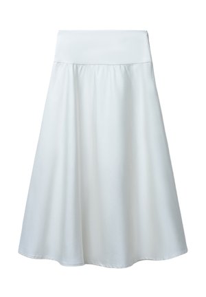 Weißer A-Linien-Rock aus glattem Stoff. Verfügt über einen breiten Bund, einen fließenden Schnitt und eine knielange Länge mit einem dezenten Glanz.
