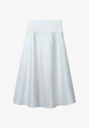 Weißer A-Linien-Rock aus glattem Stoff. Verfügt über einen breiten Bund, einen fließenden Schnitt und eine knielange Länge mit einem dezenten Glanz.