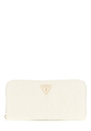 Weißes gestepptes Portemonnaie aus synthetischem Material mit einem goldenen Guess-Logo-Dreieck. Der Reißverschluss und dezente Steppdetails verleihen dem Design das besondere Etwas.