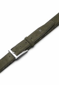 Olive green suede belt with a silver metal buckle, featuring a smooth texture and several adjustment holes along the length.