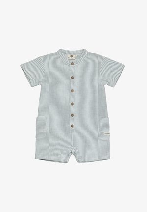 Combinaison courte à manches courtes bleu clair avec des rayures blanches, dotée d'un col rond, de boutons en bois et de deux poches latérales.