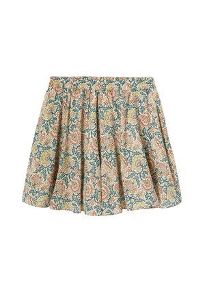 Jupe imprimée florale en coton avec taille froncée, présentant des motifs bleus, roses et jaunes sur un fond clair, avec une silhouette évasée.