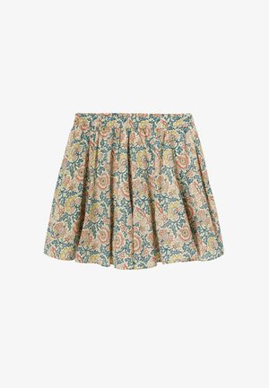 Jupe imprimée florale en coton avec taille froncée, présentant des motifs bleus, roses et jaunes sur un fond clair, avec une silhouette évasée.