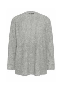 Grau geripptes Langarmshirt mit rundem Halsausschnitt und lockerer Passform, aus strukturiertem Stoff und mit verkürztem Saum.