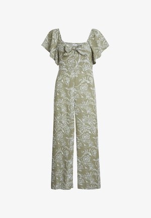 Green floral jumpsuit with short ruffled sleeves, square neckline, and bow detail. Features a wide-leg design with a textured fabric.