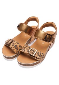 Women's size 37 sandals with metallic rose gold ankle straps and leopard print front straps, both featuring adjustable buckles and cork-style soles.
