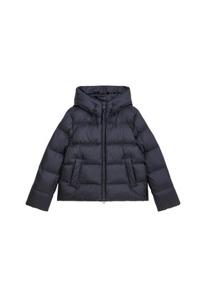Puffer jacket in dark navy, lightweight, with a hood, front zip, and two large, textured pockets on the front. Features a boxy silhouette.