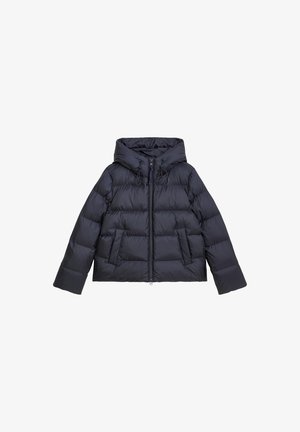 Pufferjack in donker marineblauw, lichtgewicht, met een capuchon, een voorrits en twee grote, gestructureerde zakken aan de voorkant. Heeft een boxy silhouet.