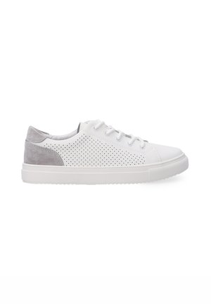 White sneaker with perforated upper, gray suede heel detail, flat laces, and a rubber sole. Features a smooth texture and rounded toe.