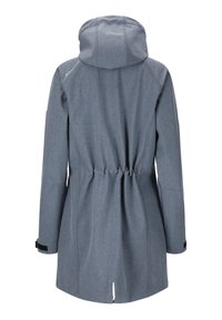 Light blue outdoor jacket with a hood, cinched waist, and side slit. Made from textured fabric with visible stitching and adjustable cuffs.