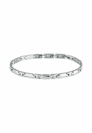 Bracciale in metallo argentato con anelli rettangolari intrecciati, finitura lucida, texture liscia e design senza soluzione di continuità.