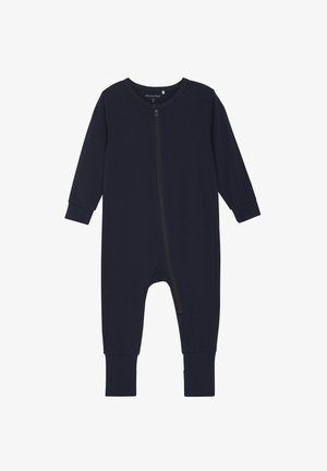 Jumpsuit per bambini di colore blu navy realizzato in tessuto morbido, dotato di maniche lunghe, una zip frontale e polsini a coste ai polsi e alle caviglie.