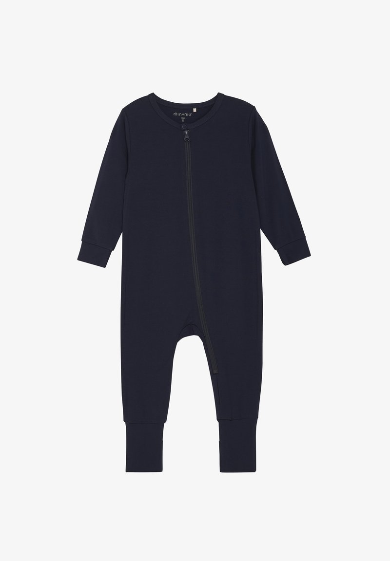 Granatowy dziecięcy kombinezon wykonany z miękkiej tkaniny, z długimi rękawami, zamek błyskawiczny z przodu oraz ściągaczami przy nadgarstkach i kostkach.
