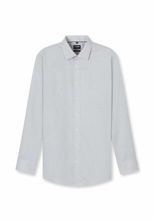 Herrenhemd mit langen Ärmeln, Knopfleiste, kleinem kariertem Muster in Weiß und Hellgrau, Haifischkragen und geknöpften Manschetten.