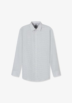 Herrenhemd mit langen Ärmeln, Knopfleiste, kleinem kariertem Muster in Weiß und Hellgrau, Haifischkragen und geknöpften Manschetten.