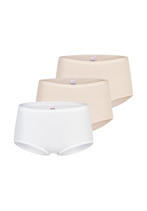 Three women's seamless cotton briefs in white and two shades of beige, stacked with front tags visible, on a white background.