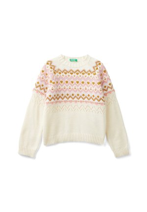 Maglione bianco lavorato a maglia con motivi geometrici rosa e senape sul petto e sulle maniche superiori, polsini e scollo a coste.