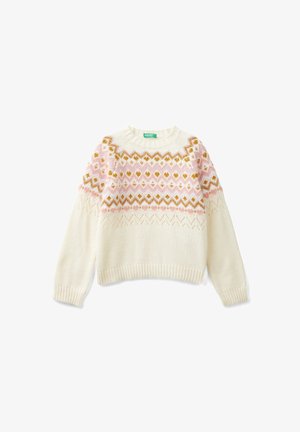 Maglione bianco lavorato a maglia con motivi geometrici rosa e senape sul petto e sulle maniche superiori, polsini e scollo a coste.