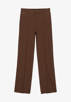 Smeđe široke hlače od glatkog materijala, s ravnim prednjim dijelom, dva prednja džepa i pregibima za sofisticiran izgled.
