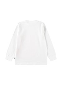 Camiseta blanca de manga larga hecha de algodón. Diseño simple con cuello redondo y puños acanalados. Sin patrones o gráficos visibles.