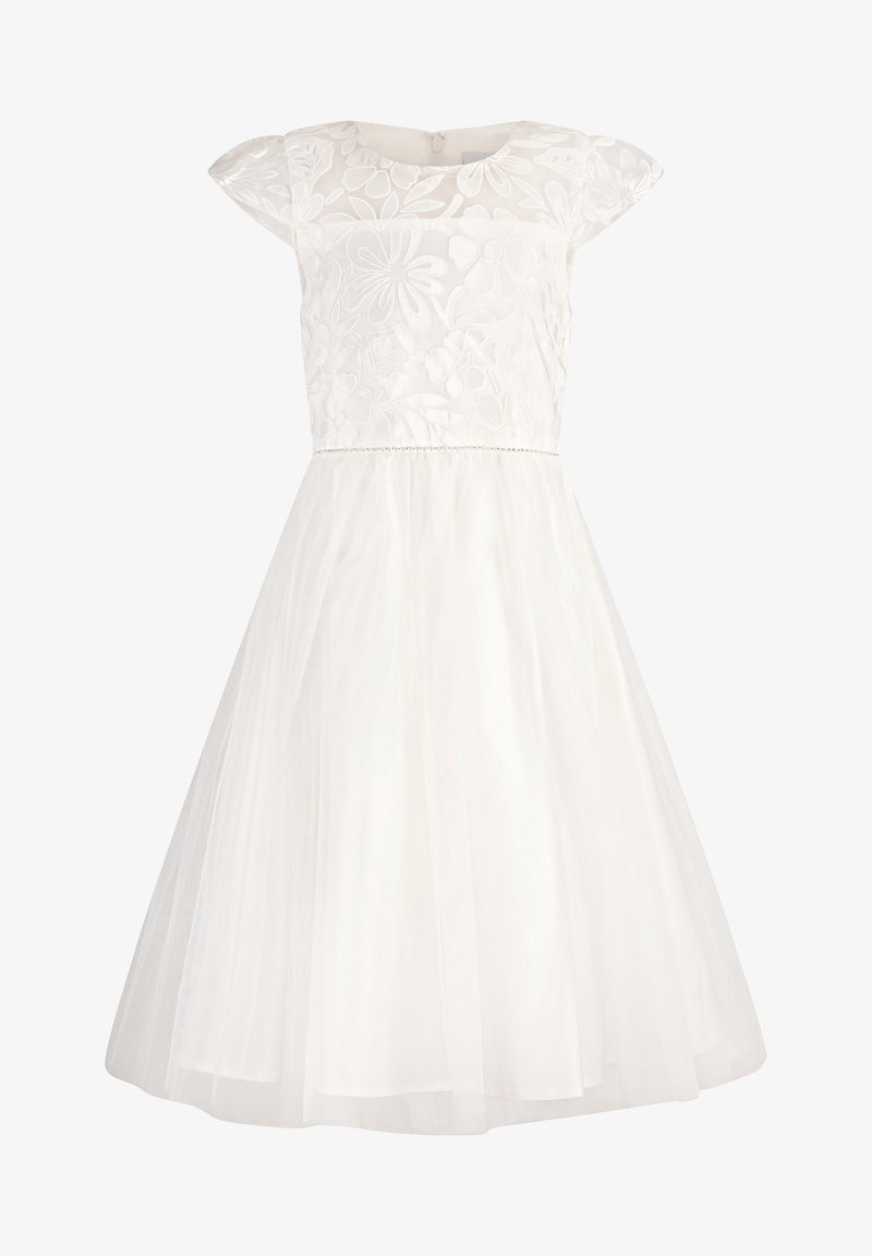 Robe blanche sans manches avec corsage en dentelle florale, encolure ronde et jupe en tulle pleine, ajustée à la taille avec une fine bande décorative.