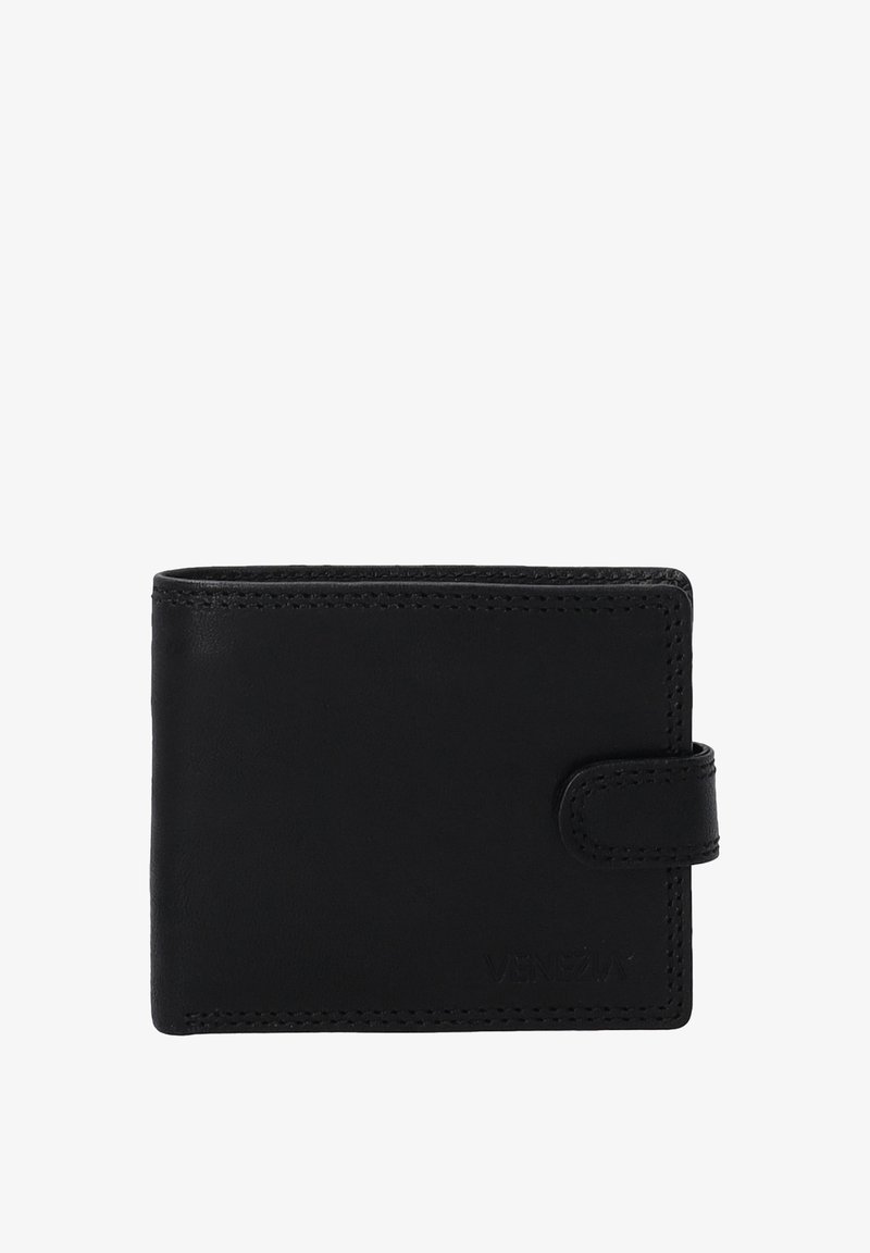 Portefeuille en cuir noir avec une texture lisse, de forme rectangulaire et avec des bords surpiqués, comportant un rabat sécurisé et un logo en relief.