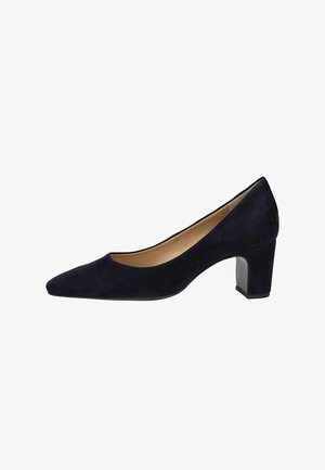 Zwarte suède pumps voor dames met een lage blokhak, puntige neus en beige binnenvoering, zijaanzicht.