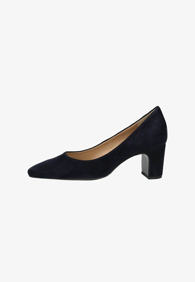 Schwarzer Damen-Pumps aus Wildleder mit kleinem Blockabsatz, spitzer Zehenpartie und beigem Innenfutter, seitliche Ansicht.