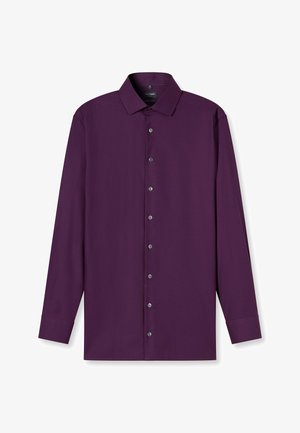 Lila langärmliges Hemd aus glattem Stoff mit klassischem Kragen, durchgehender Knopfleiste und geknöpften Manschetten.