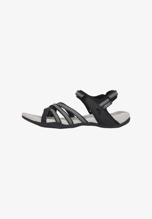 Sort sandal med elastiske remme og en formet fodseng, med en grå ydersål og mesh-detaljer for åndbarhed.