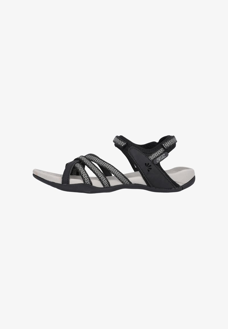 Black sandal featuring elastic straps and a contoured footbed, with a grey outsole and mesh accents for breathability.